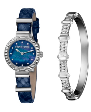 image of Roberto Cavalli By Franck Muller Women-s Diamond Swiss Quartz Blue Leather Strap Watch & Bracelet Gift Set, 26mm