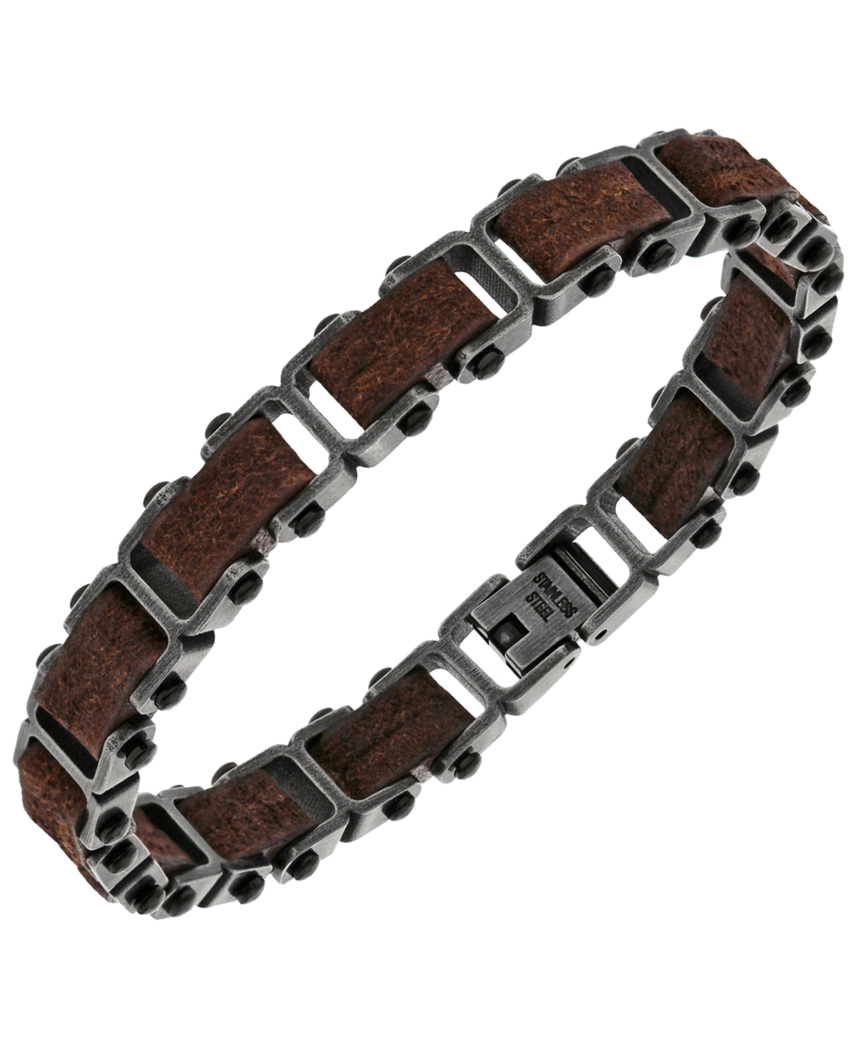 Sutton Stainless Steel Gunmetal And Brown Leather Link Bracelet - Brown