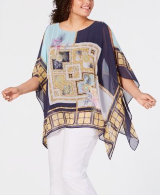 JM Collection - Plus Size Printed Poncho Top