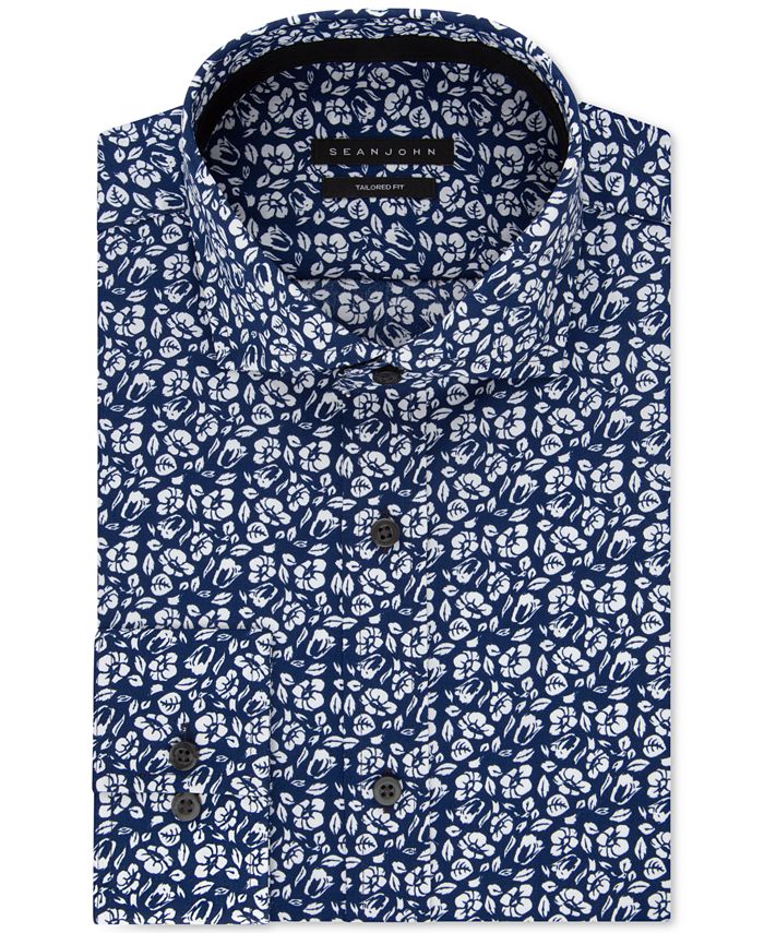 Sean John Men's Classic/Regular Fit Navy Print Dress Shirt - Macy's