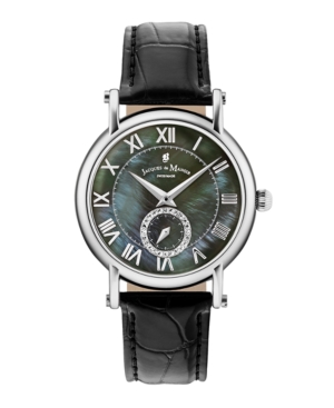 image of Jacques Du Manoir Ladies- Black Genuine Leather Strap with Stainless Steel Case with Mother of Pearl Dial and Diamond Sub Dial, 36mm