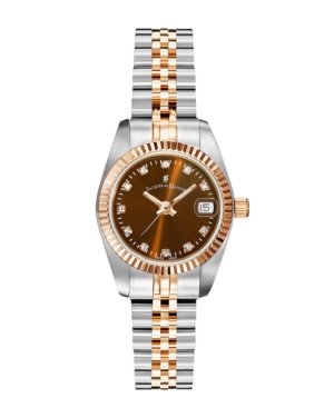 image of Jacques Du Manoir Ladies- Two Tone Silver or Gold Rose Stainless Steel Bracelet with Goldtone Case and Brown Sunray Dial and Diamond Markers, 26mm