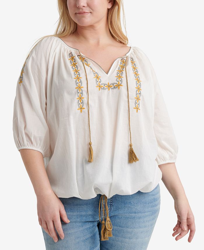 Lucky Brand Plus Size Cotton Embroidered Kelly Peasant Top - Macy's