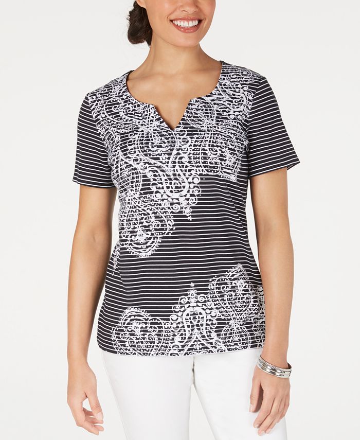 Karen Scott Striped V-Neck Top Grey Size XS