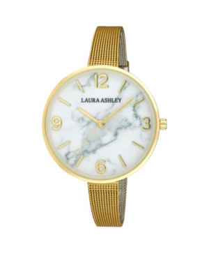 image of Laura Ashley Ladies- Marbleized Dial Gold Skinny Mesh Band Womens Watch
