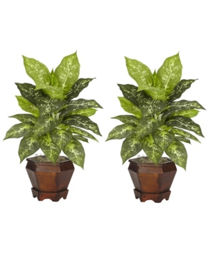 Nearly Natural Dieffenbachia W/wood Vase Silk Plant, Set Of 2 In Green