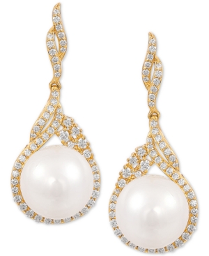 image of Arabella Cultured White Ming Pearl (12mm) & Swarovski Zirconia Drop Earrings in 14k Gold Over Sterling Silver, Created for Macy-s