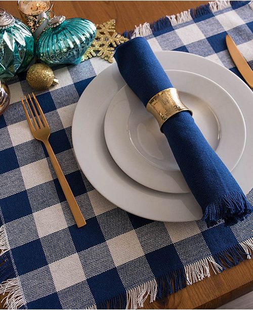 Design Imports Navy Heavyweight Check Fringed Placemat Set of 6 & Reviews Table Linens