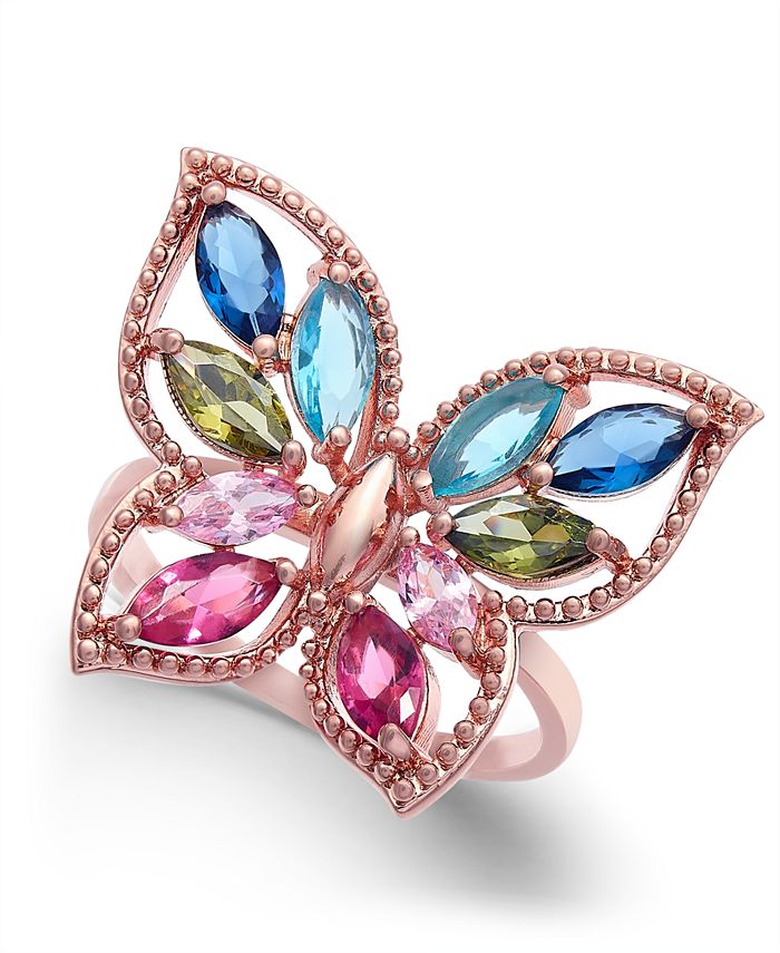 Charter Club - Rose Gold-Tone Multicolor Crystal Butterfly Ring, Created for Macy's