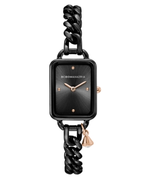 image of Bcbgmaxazria Ladies Rectangle Black Stainless Steel Chain Bracelet with Rose Goldtone Crystal Charm Watch, 15mm x 21mm