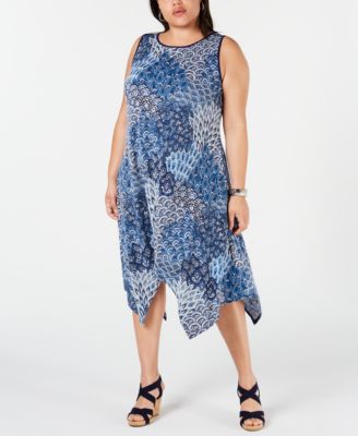 MSK Plus Size Printed Handkerchief-Hem Dress - Macy's