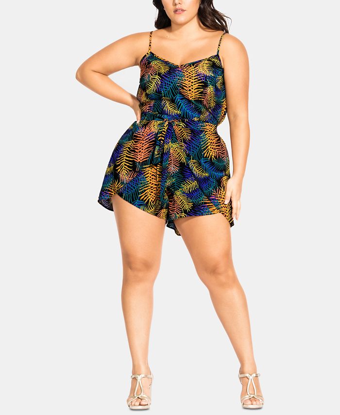 City Chic Plus Size Little Palm Printed Belted Romper - Macy's
