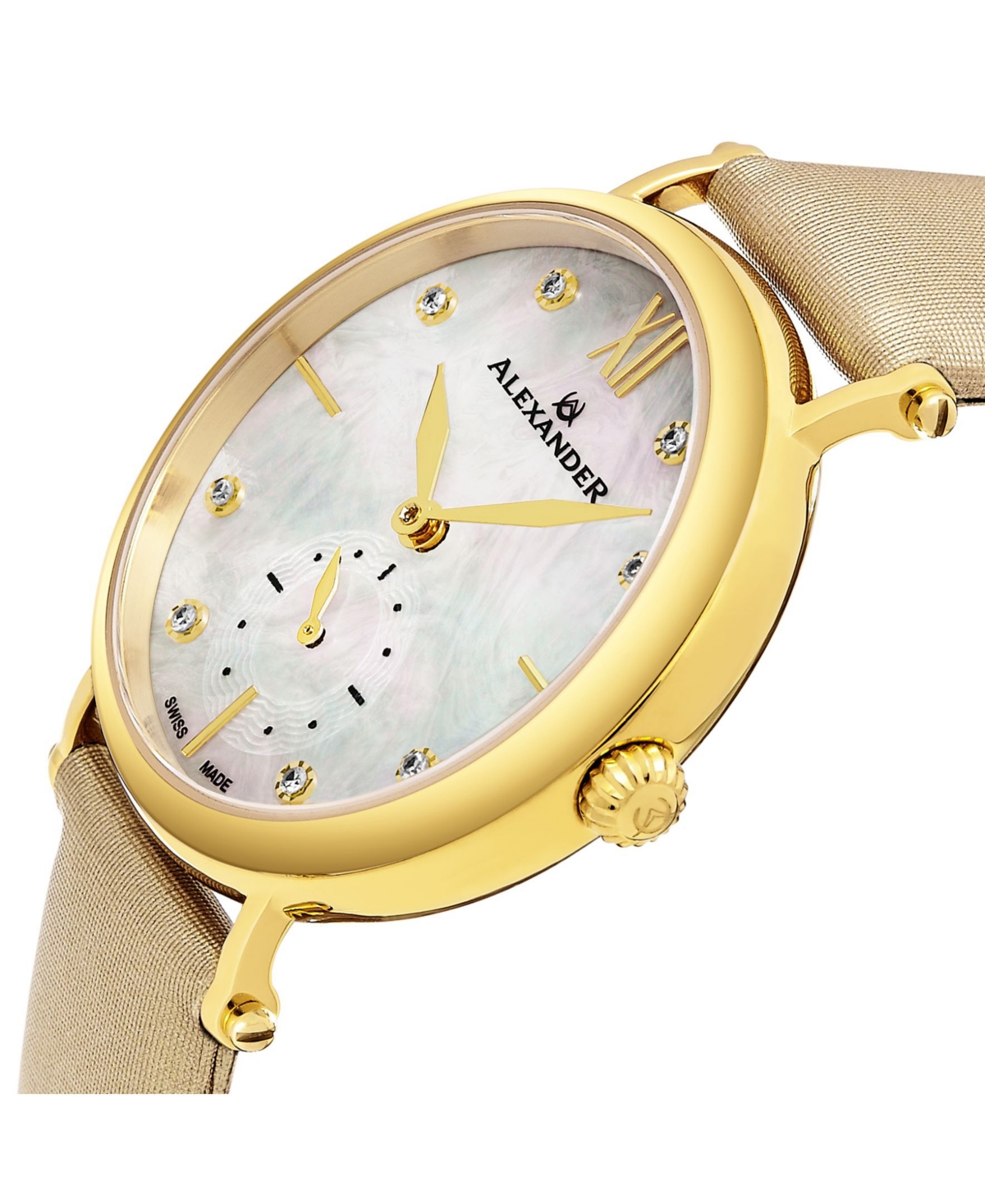 Alexander Watch , Ladies Quartz Small-Second Watch with Yellow Gold Tone Stainless Steel Case on Gold Satin Strap