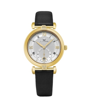 image of Alexander Watch AD202-03, Ladies Quartz Small-Second Date Watch with Yellow Gold Tone Stainless Steel Case on Black Satin Strap