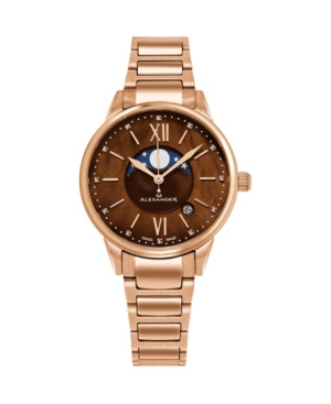 image of Alexander Watch AD204B-06, Ladies Quartz Moonphase Date Watch with Rose Gold Tone Stainless Steel Case on Rose Gold Tone Stainless Steel Bracelet