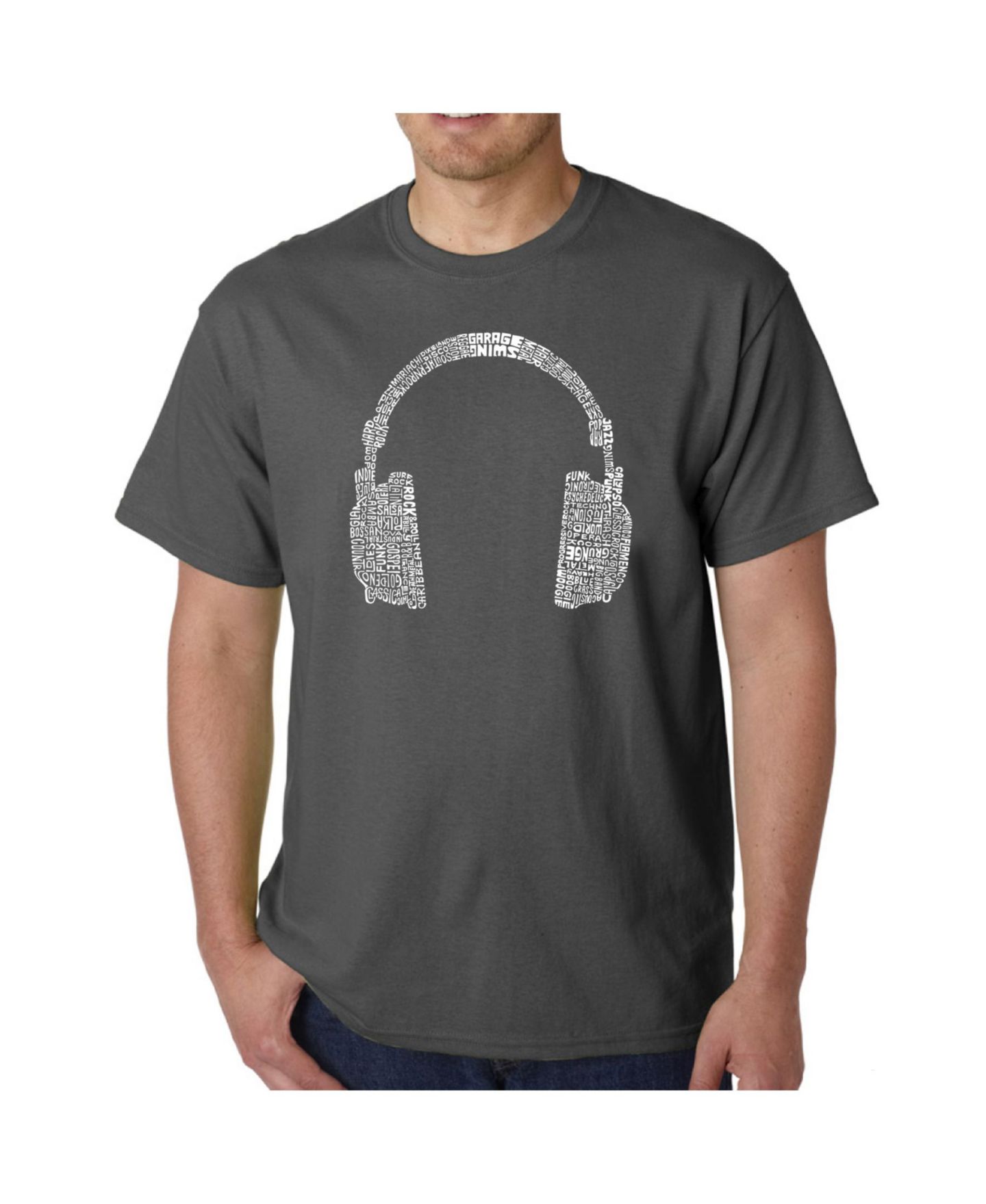 Мужская футболка LA Pop Art Word Art - Headphones - 63 Genres of Music, цвет: Чёрный — фото 3