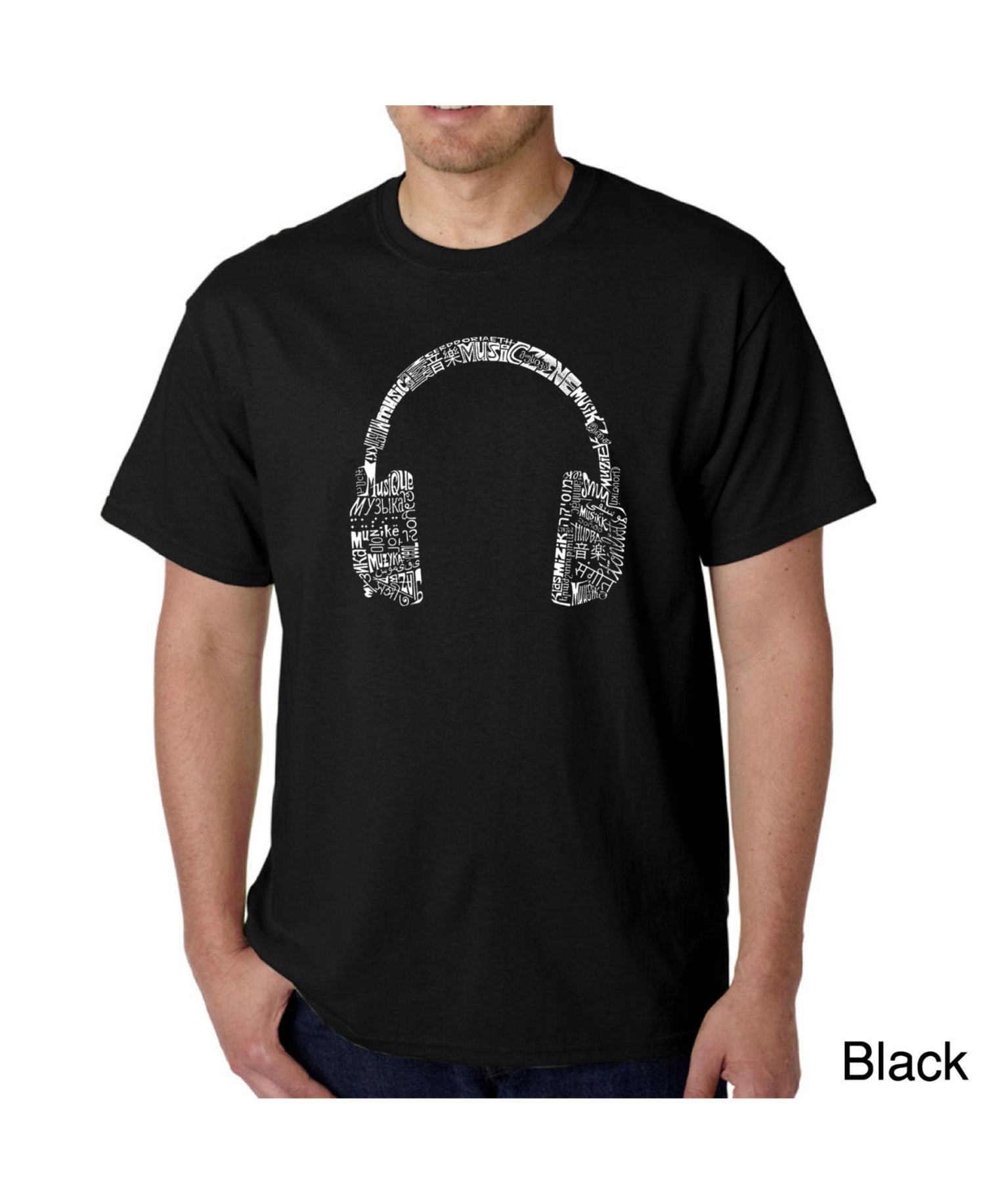 Mens Word Art T-Shirt - Headphones - Music in Different Languages