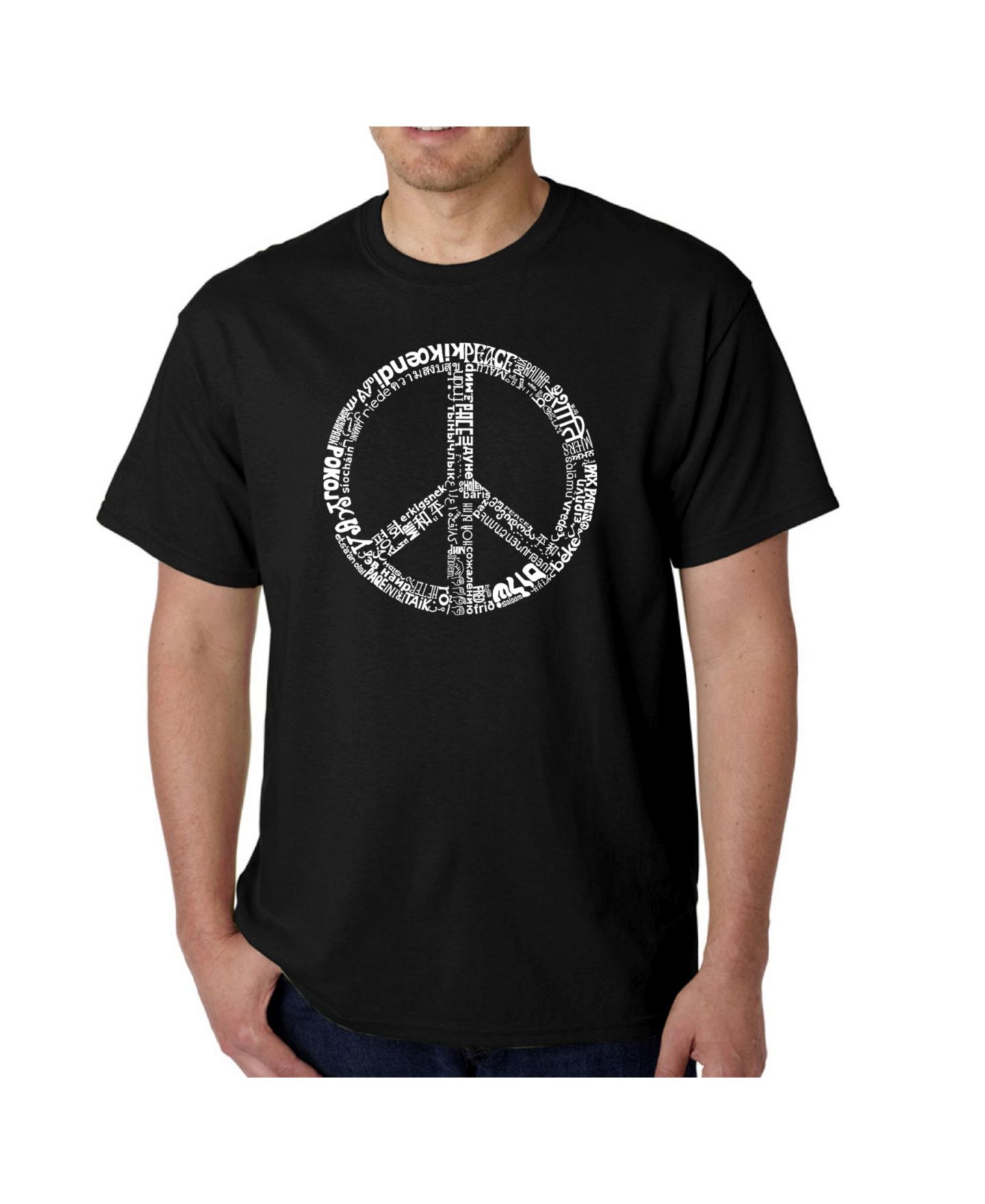 Мужская футболка LA Pop Art Word Art - Peace Sign in 77 Languages, цвет: Чёрный — фото 1