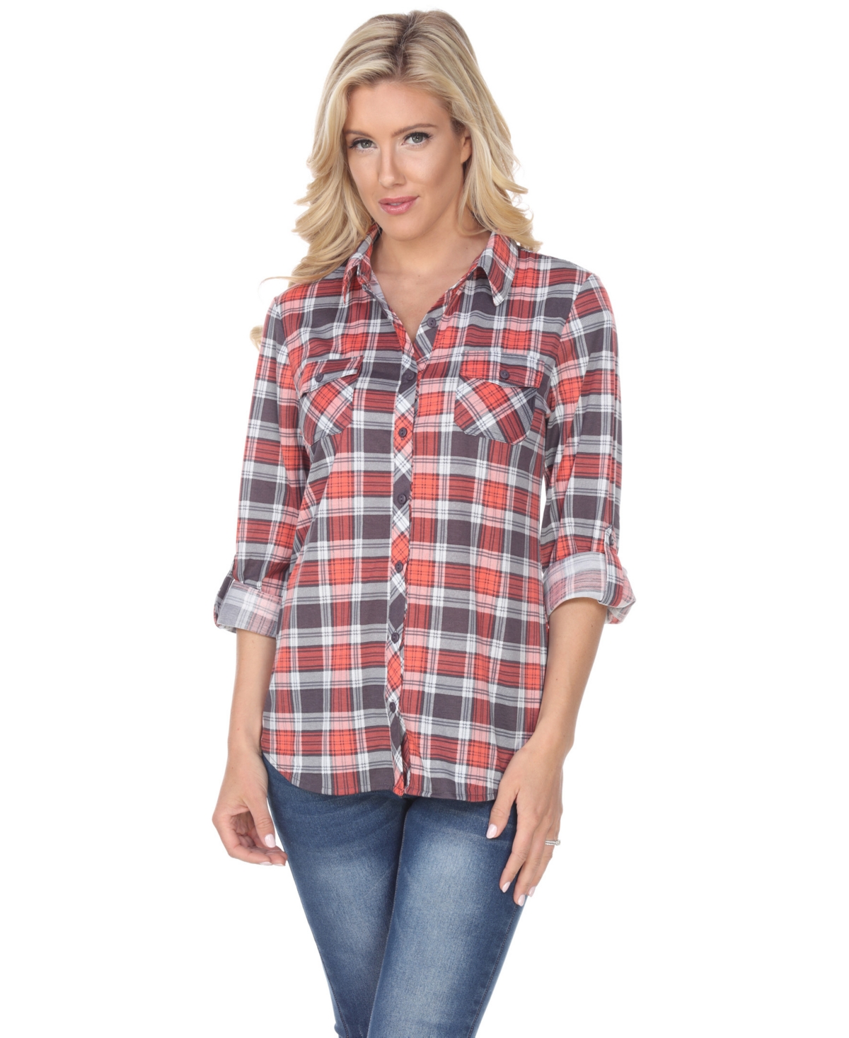 Shop White Mark Women's Oakley Stretchy Plaid Top In Grey