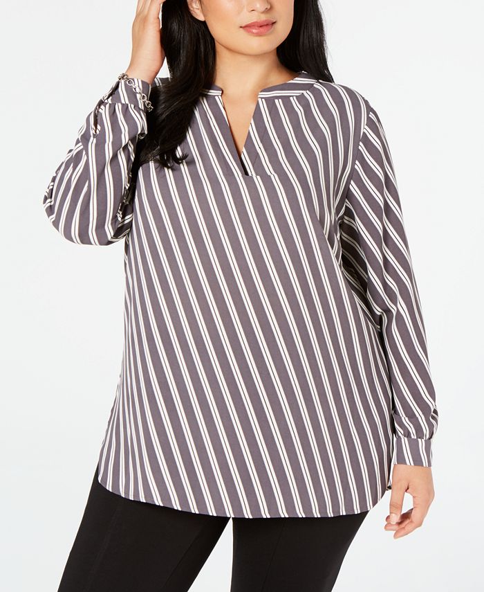 Anne Klein Plus Size Striped Split-Neck Blouse - Macy's