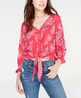 American Rag - Juniors' Printed Tie-Front Crochet Top