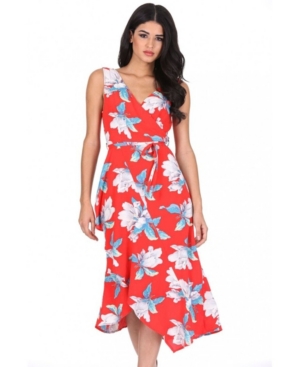 Ax Paris Floral Print Sleeveless Wrap Over Dress In Red | ModeSens