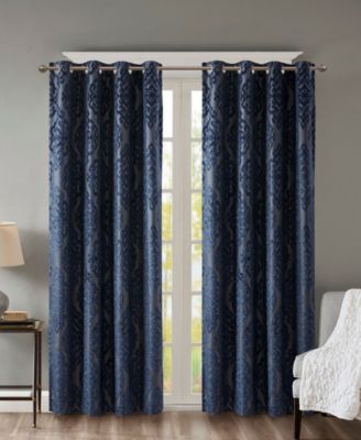 Mirage Knitted Jacquard Damask Total blackout curtains for bedroom, Silver grommet top fit up to 1.25 inches rod Single Curtain Panel for Living Room, Width 50 length 108 inches, Pitch Black Ambiance Navy 1 Window Panel