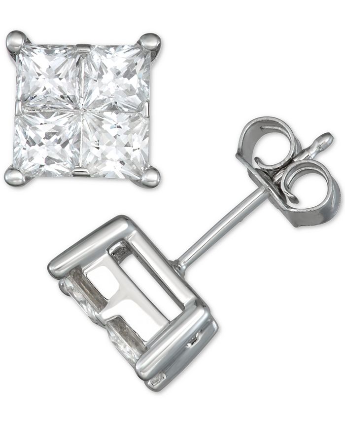 Diamond Seamless Cluster Princess Stud Earrings (2 ct. t.w.) in 14k White  Gold