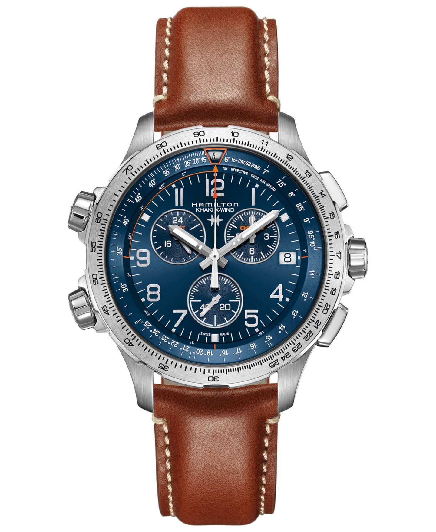 Мужские часы Hamilton Swiss Chronograph Khaki X-Wind GMT Brown Leather Strap Watch 46mm — фото 1
