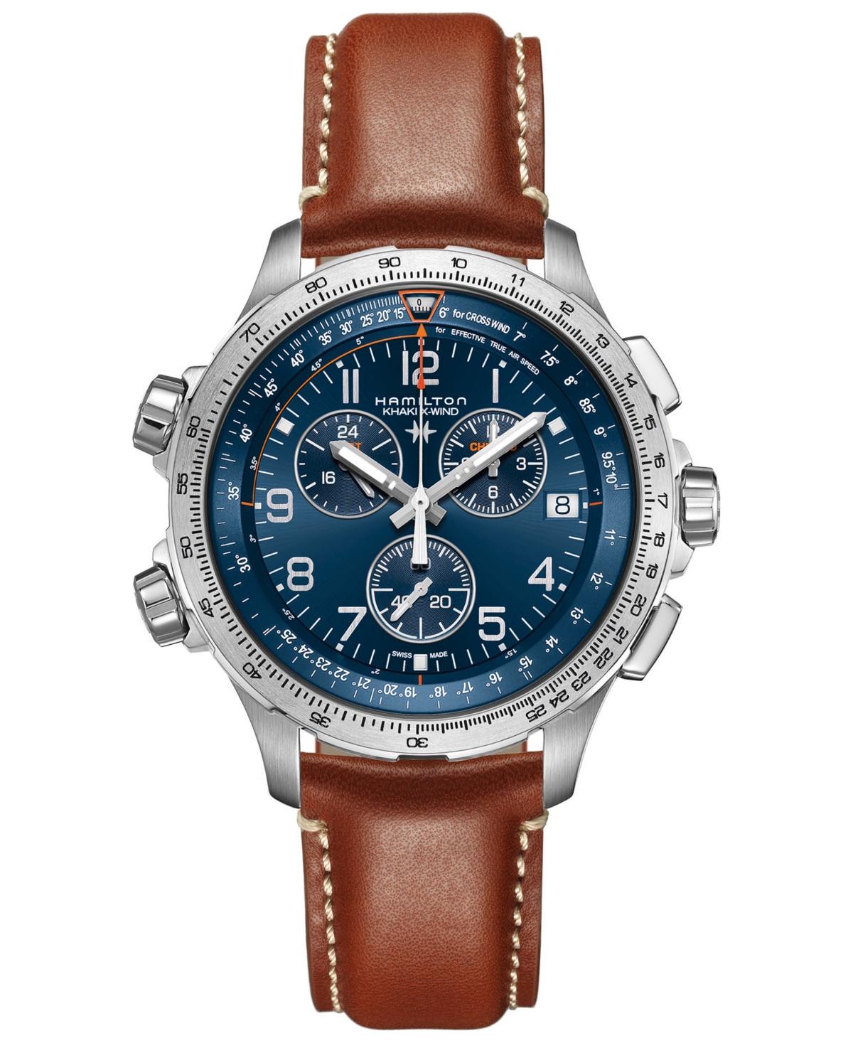 Men's Swiss Chronograph Khaki X-Wind Gmt Brown Leather Strap Watch 46mm - Brown