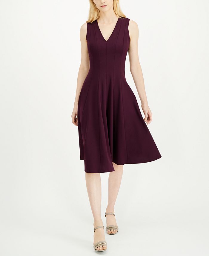 Calvin Klein Seamed V-Neck Fit & Flare Dress - Macy's