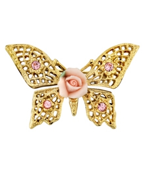 image of 2028 Gold-Tone Pink Crystal and Porcelain Rose Butterfly Brooch