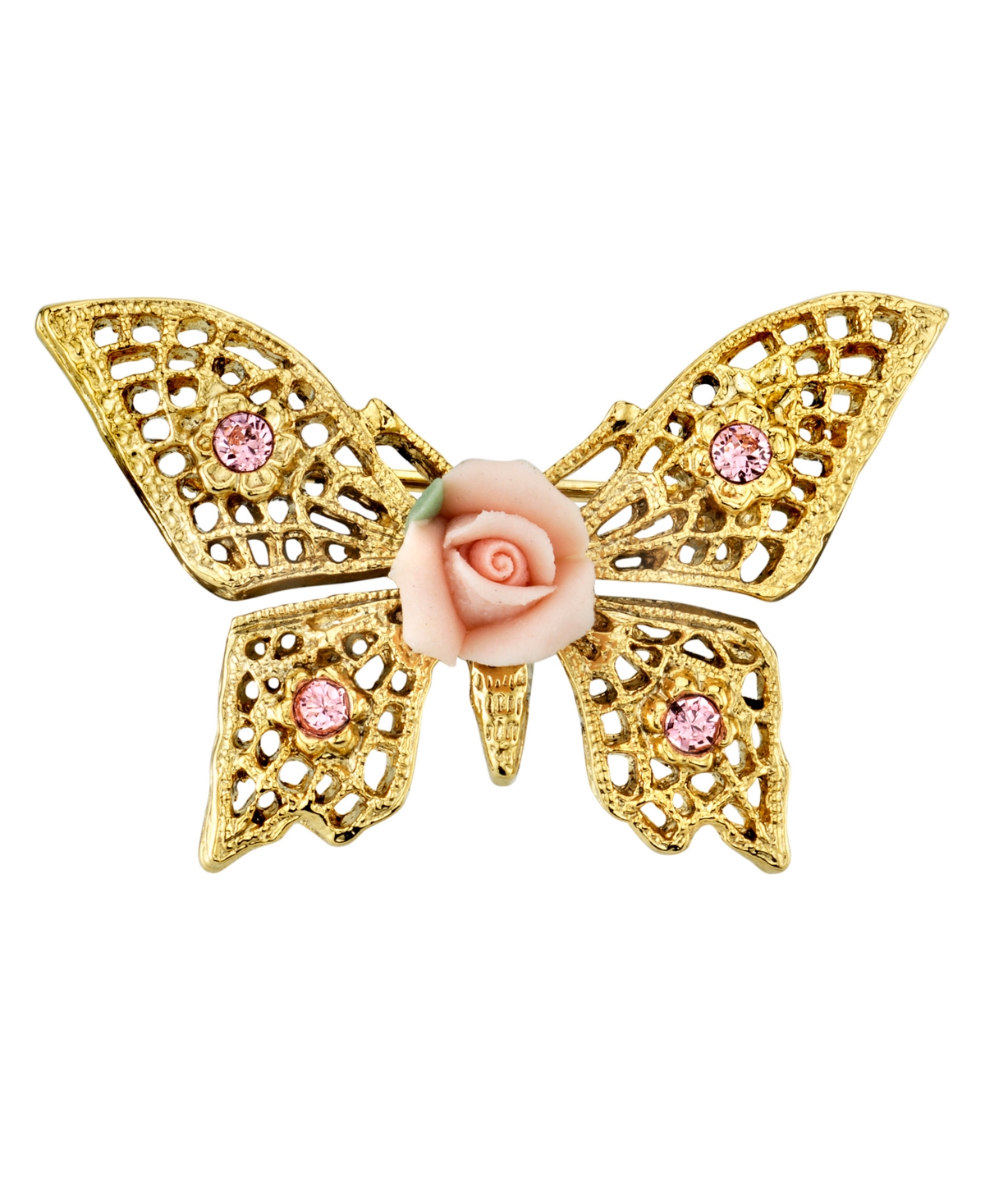 2028 Gold-tone Pink Crystal And Porcelain Rose Butterfly Brooch In No Color
