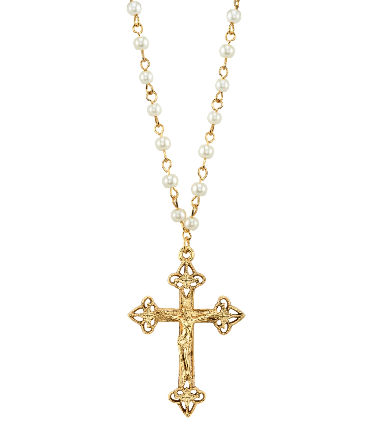 2028 14k Gold Tone Simulated Pearl Chain Crucifix Cross Pendant Necklace 16" Adjustable In White
