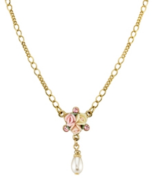 image of 2028 Gold-Tone Crystal Ivory and Pink Porcelain Rose Simulated Pearl Necklace 16