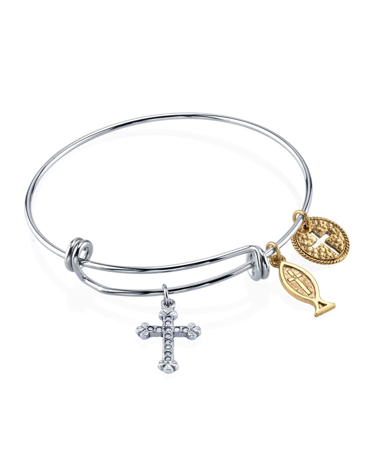 2028 Silver Tone Bangle Bracelet With Cross Fish And Medallion Charms In Yellow