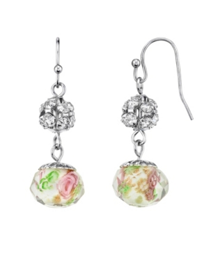 image of 2028 Silver Tone Crystal Pink Flower Beaded Drop Wire Earring