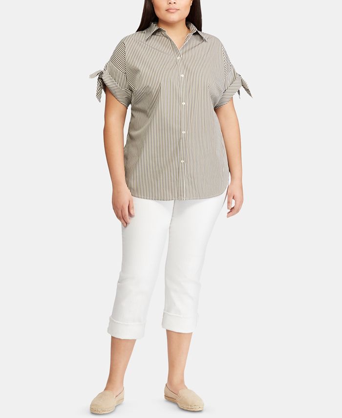Lauren Ralph Lauren Plus-Size Tie-Sleeve Cotton Shirt - Macy's