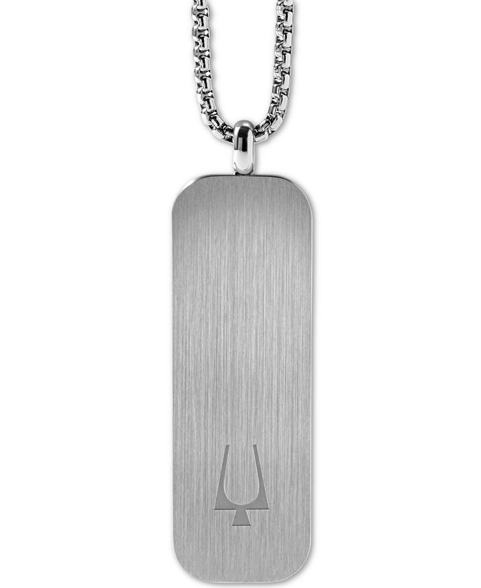 Bulova - Men's Tuning Fork Logo Dog Tag Pendant Necklace in Stainless Steel, 26" + 2" Extender