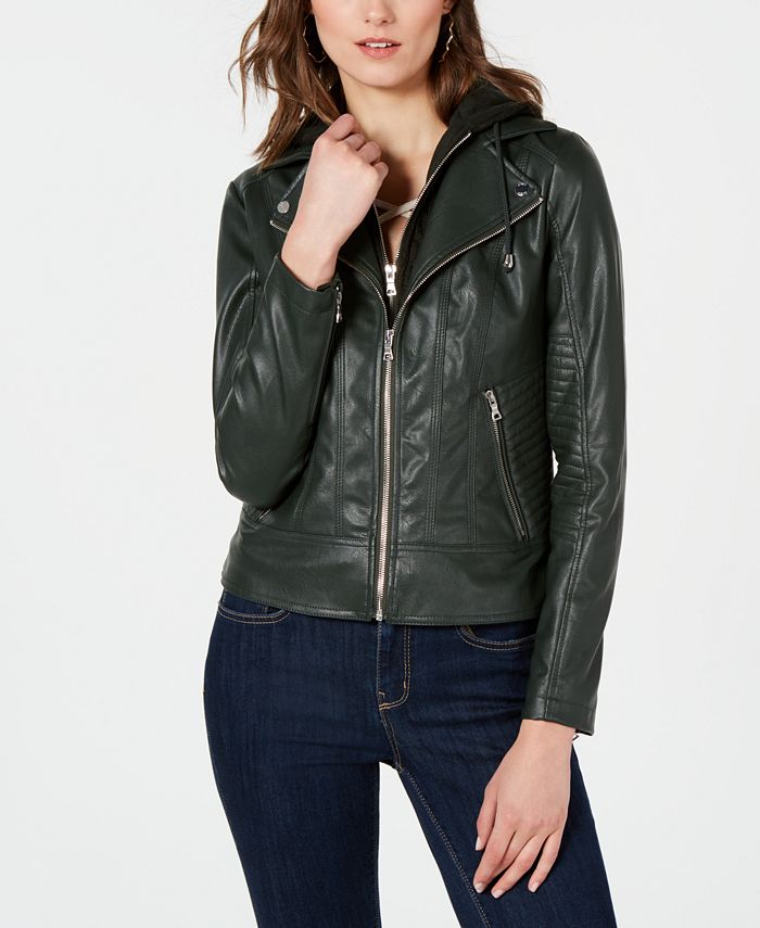 GUESS Hooded Faux-Leather Jacket & Reviews - Coats & Jackets - Women ...