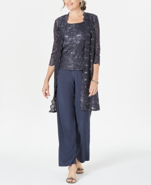 R & M Richards Petite 3-Pc Sequined-Lace Jacket Top & Pants