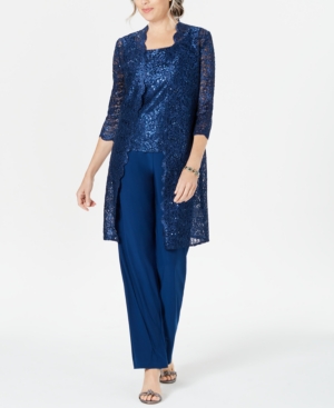 R & M Richards 3-Pc Sequined Lace Pantsuit & Jacket