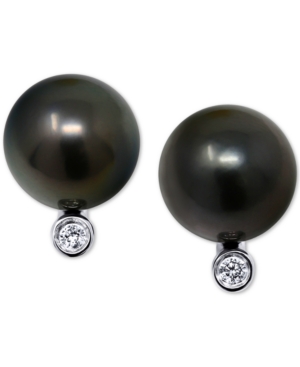 image of Cultured Tahitian Pearl (10mm) & Diamond Accent Stud Earrings in 14k White Gold