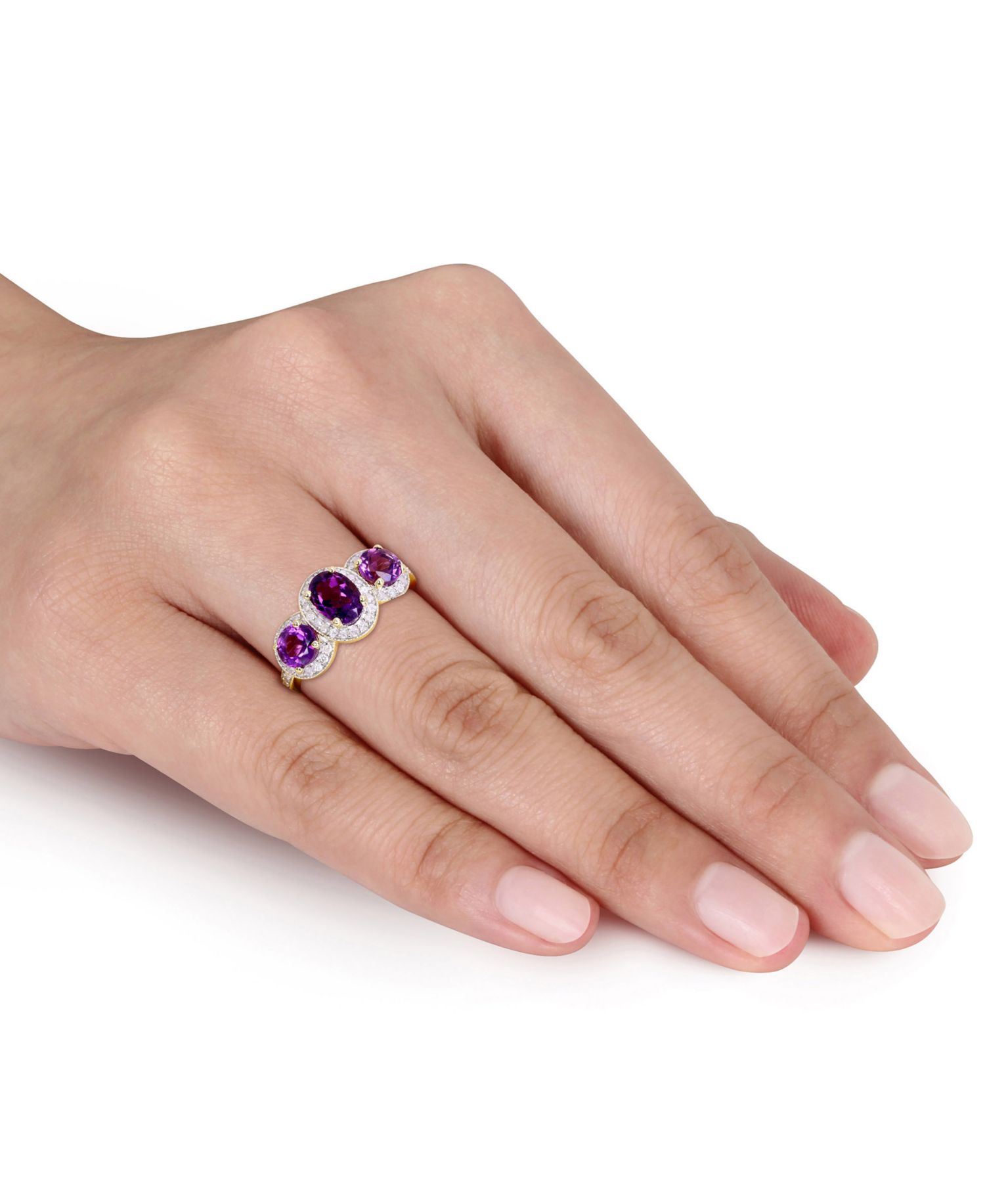 Amethyst (1-5/8 ct.t.w.) and Diamond (1/3 ct.t.w.) 3-Stone Halo Ring in 18k Yellow Gold over Sterling Silver