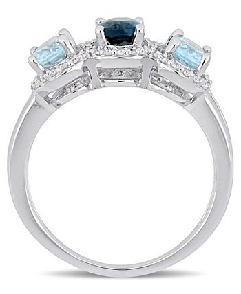 Macy's - Blue Topaz (1-3/5 ct.t.w.) and Diamond (1/5 ct.t.w.) 3-Stone Halo Ring in Sterling Silver