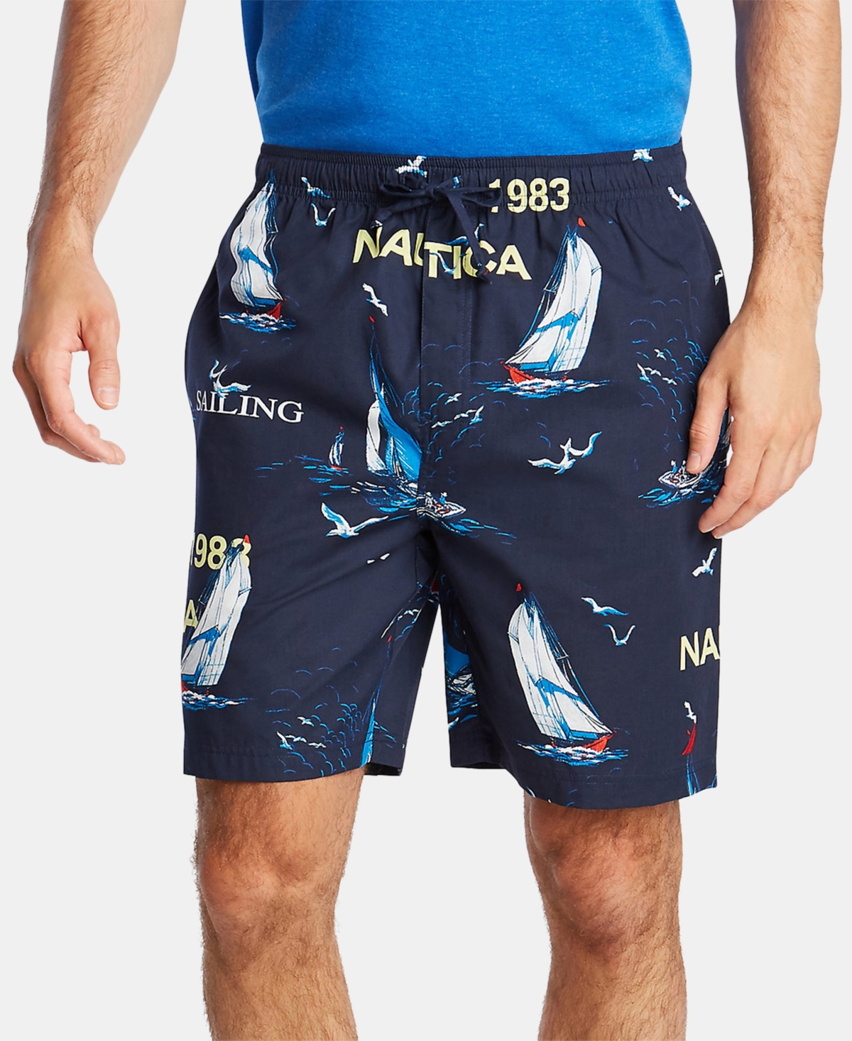 Men's Cotton Sailboat-Print Pajama Shorts - Navy