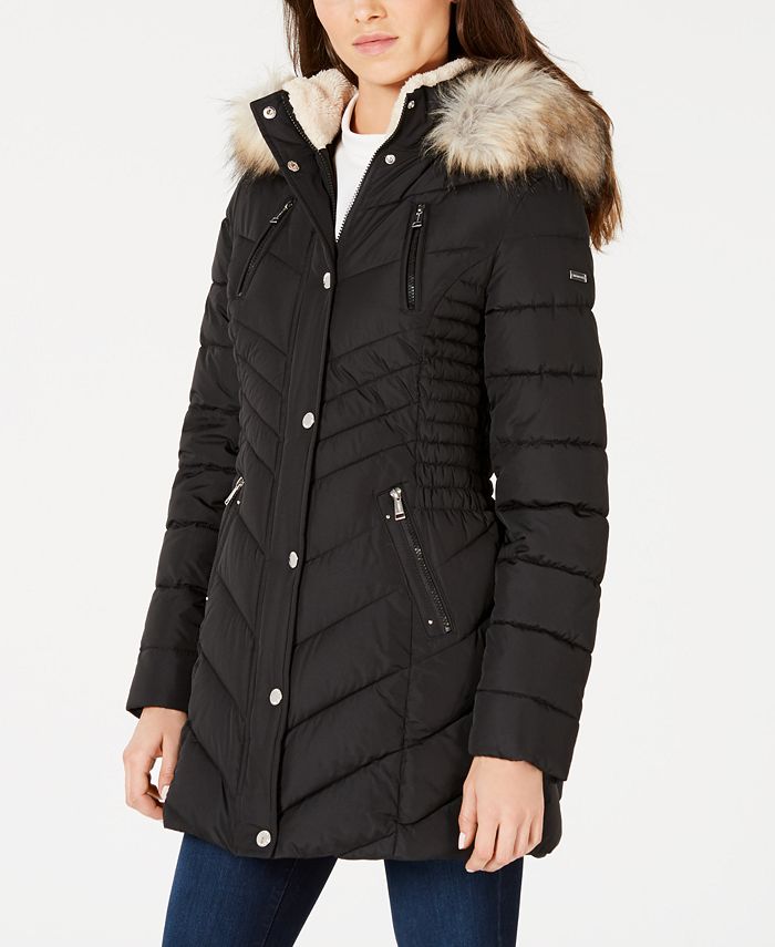 Laundry by Shelli Segal Cinched Faux Fur Trim Hooded Puffer Coat