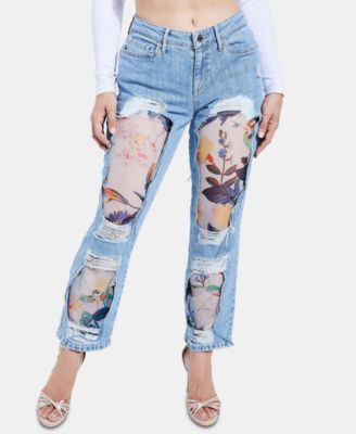 GUESS - Organza Ripped Contrast Straight-Leg Jeans