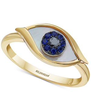 image of Effy Mother-of-Pearl, Sapphire (1/10 ct. t.w.) & Diamond Accent Evil-Eye Ring in 14k Gold
