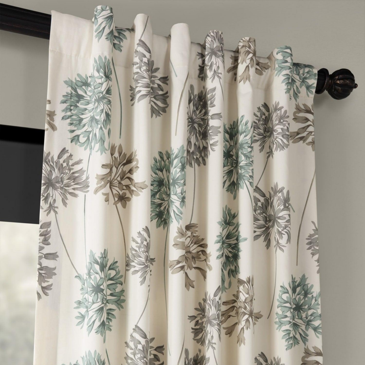 Half Price Drapes Allium Blue Grey Floral Printed Cotton Room Darkening Curtain